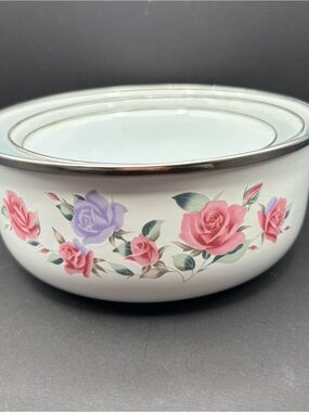 Vintage GMI Enamelware Nesting Bowls Pink Purple Rose Enamel Metal Mixing Set 3